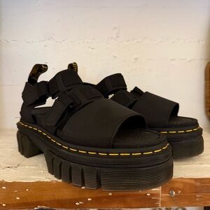 Dr. Martens Black Platform Sandals with Yellow Stitching